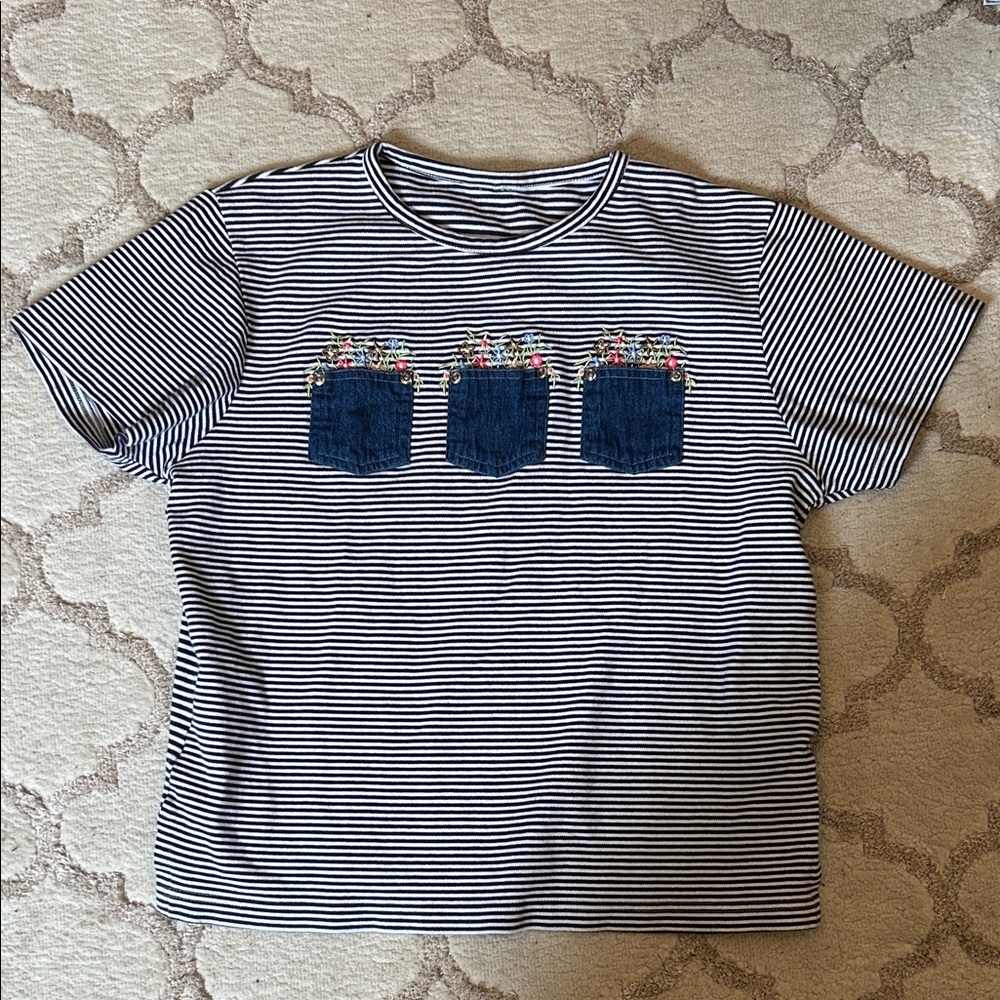 Striped Navy & White Tee with Denim Pocket Floral Detail